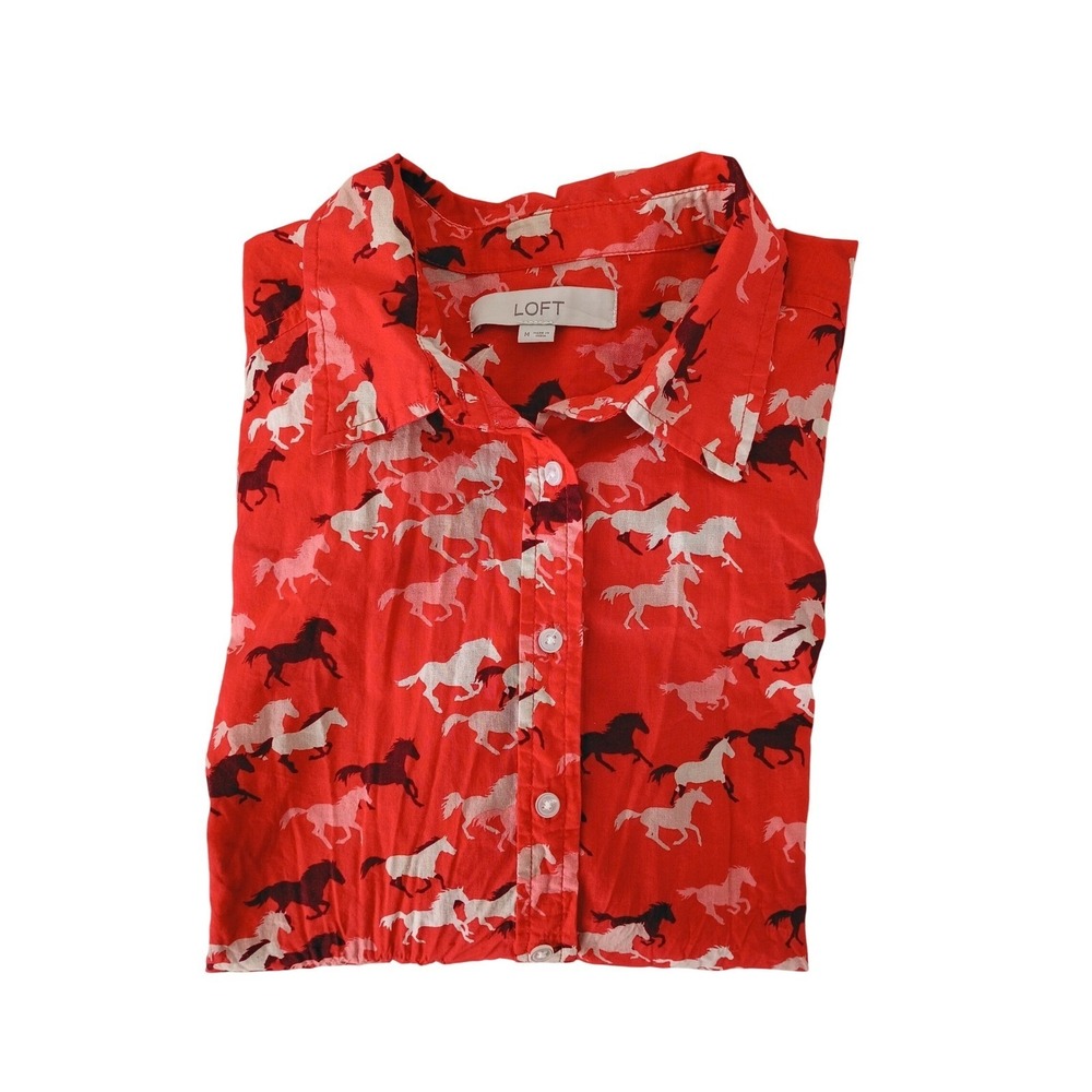 LOFT Red Horse Print 100% Cotton  Button Down Shirt Size M Long Sleeve - Picture 3 of 8